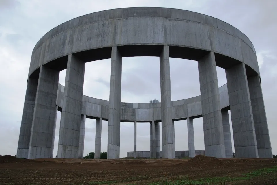Circular concrete water tower in Helsingborg, Sweden.
